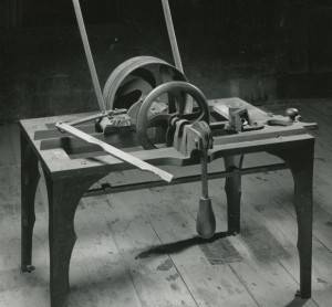 Barrel head cutting machine, invented by William Mickel of Oneonta