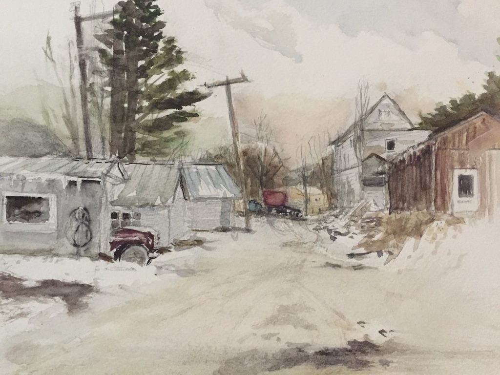 "Winter, RailRoad Avenue, Roxbury" watercolor on paper by Ellen Wong