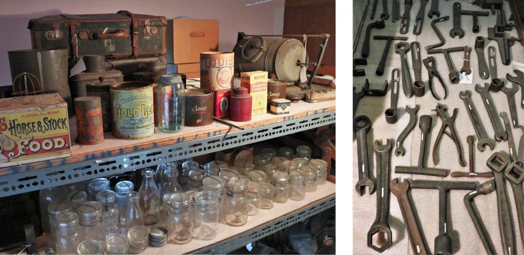 Two side-by-side images. On the left: Shelves holding antique household items such as food cans and glass jars. On the right: Wrenches and pliers of many different styles arranged on a shelf.