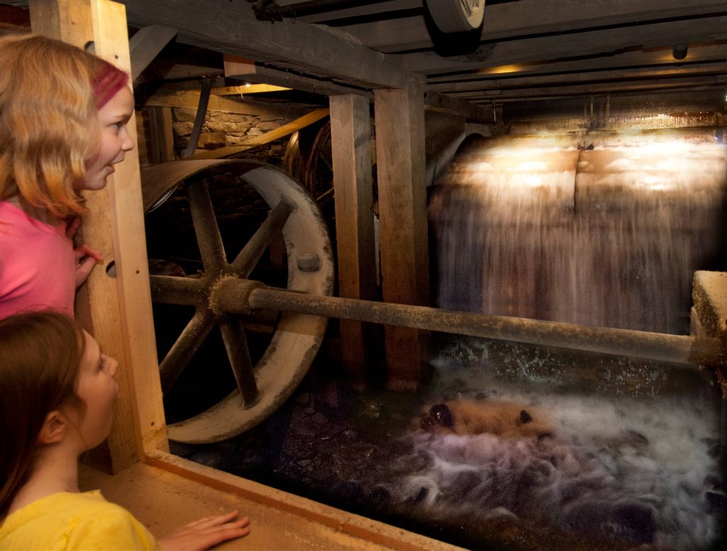 two children watch an underground waterwheel fill with water and turn